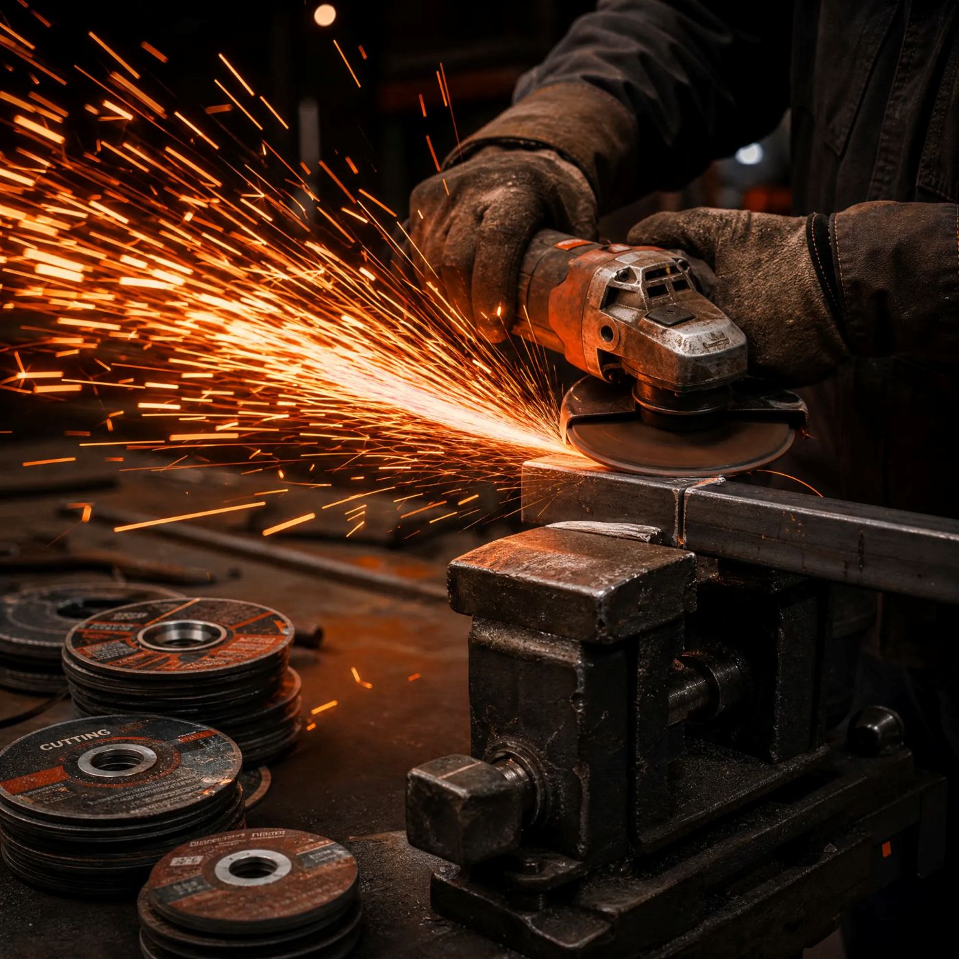 An angle grinder's cutting wheel slicing a steel bar in a vice, sparks flying